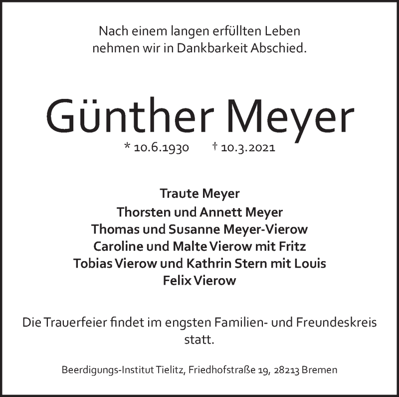 Traueranzeige von Günther Meyer von WESER-KURIER