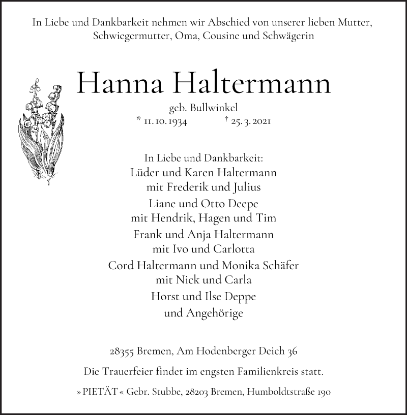 Traueranzeige von Hanna Haltermann von Osterholzer Kreisblatt