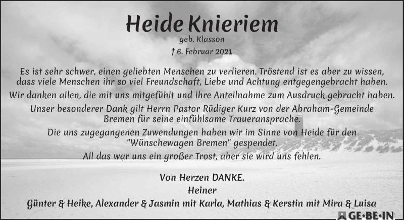 Traueranzeige von Heide Knieriem von WESER-KURIER