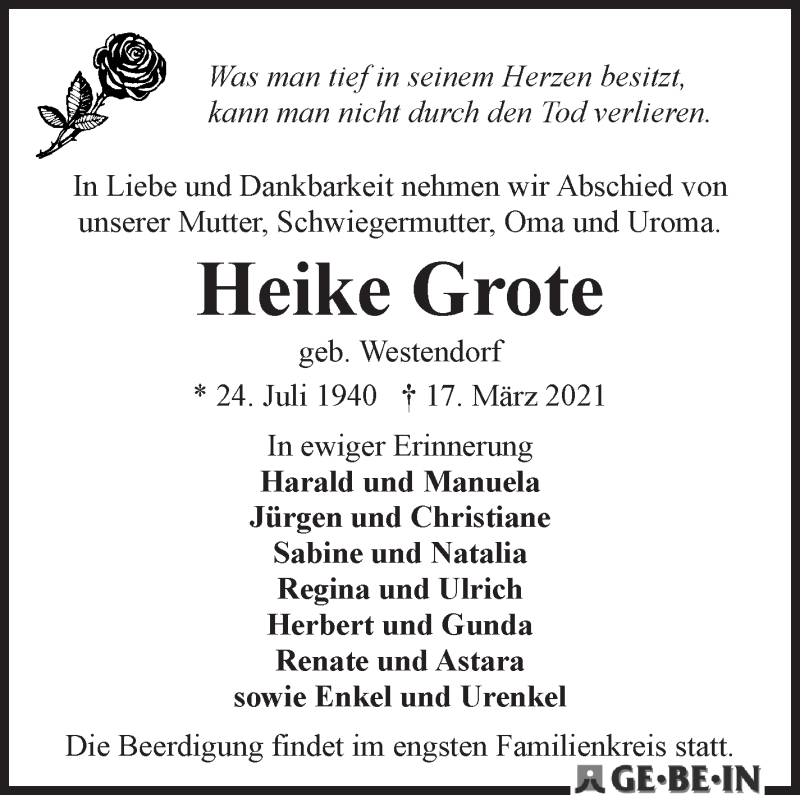 Traueranzeige von Heike Grote von WESER-KURIER