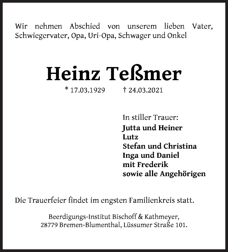 Traueranzeige von Heinz Teßmer von Die Norddeutsche