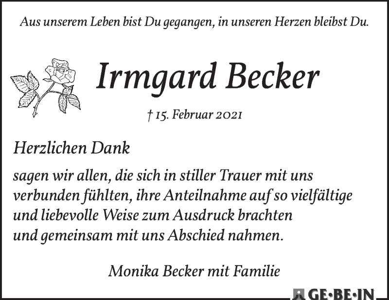 Traueranzeige von Irmgard Becker von WESER-KURIER