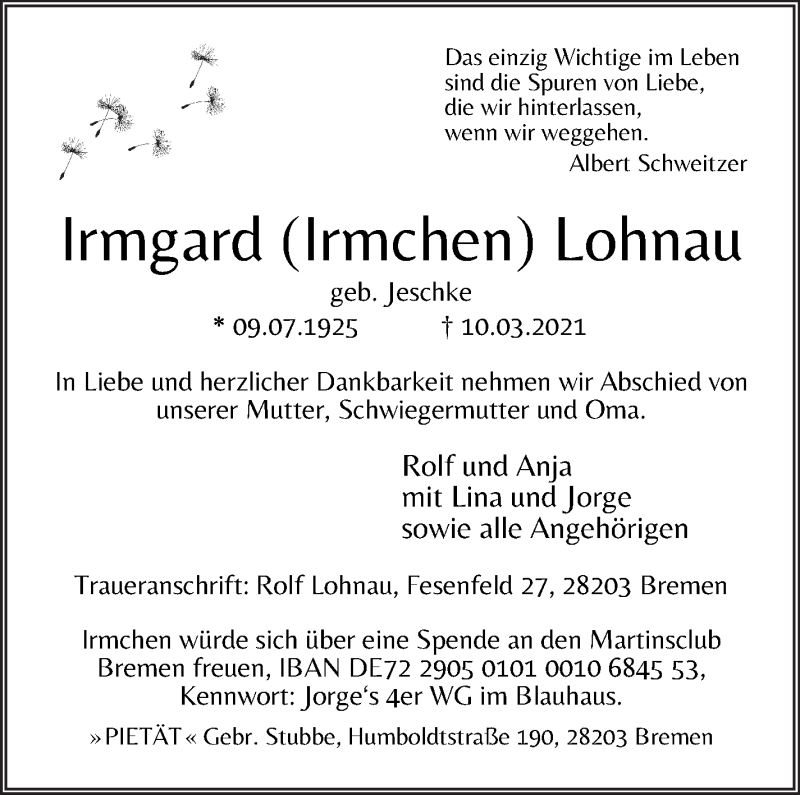 Traueranzeige von Irmgard Lohnau von WESER-KURIER