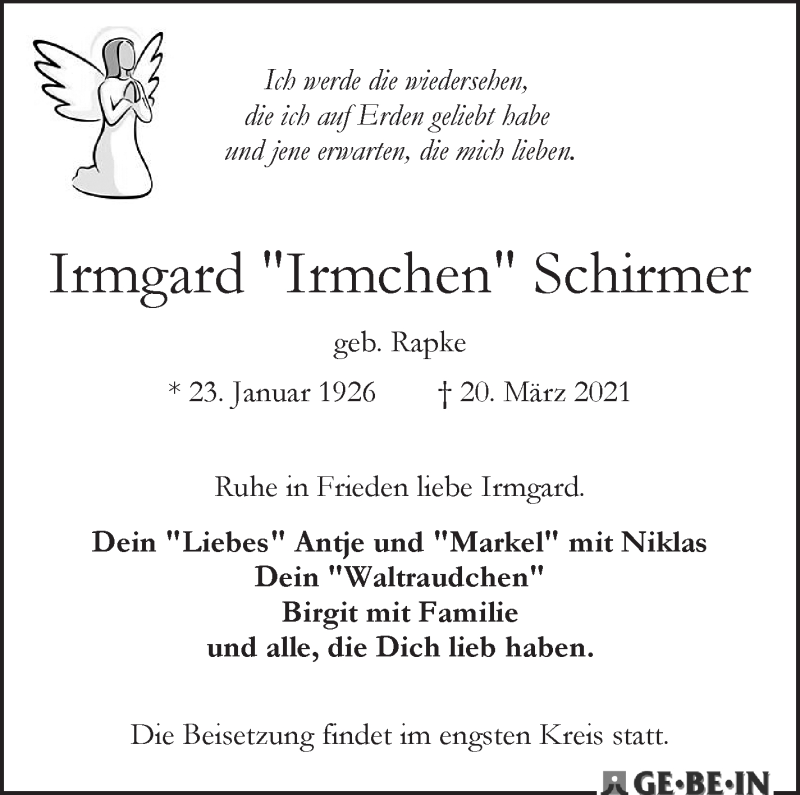 Traueranzeige von Irmgard  Schirmer von WESER-KURIER