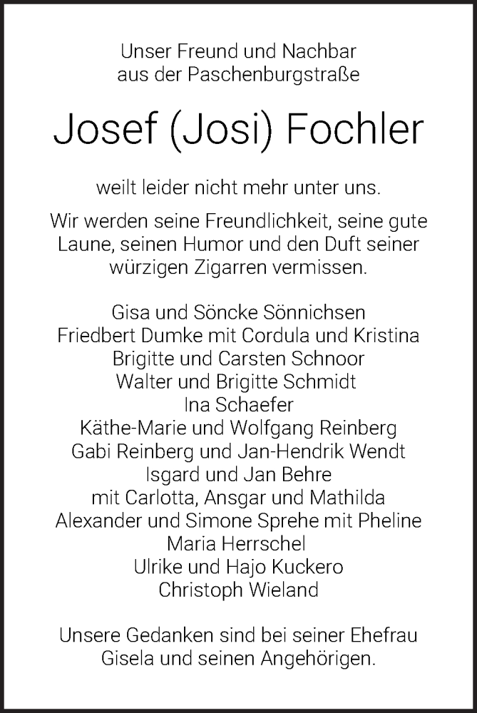 Traueranzeige von Josef Fochler von WESER-KURIER