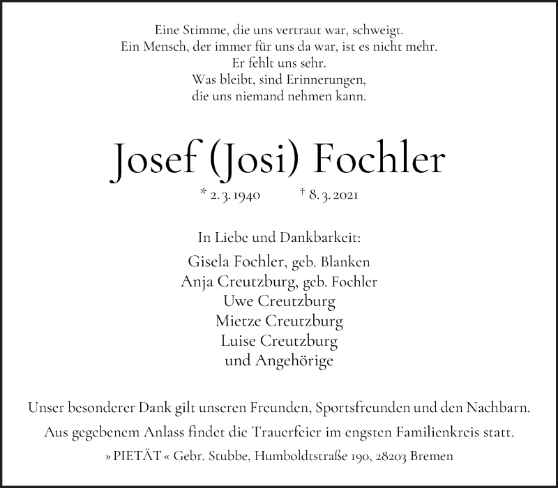 Traueranzeige von Josef Fochler von WESER-KURIER