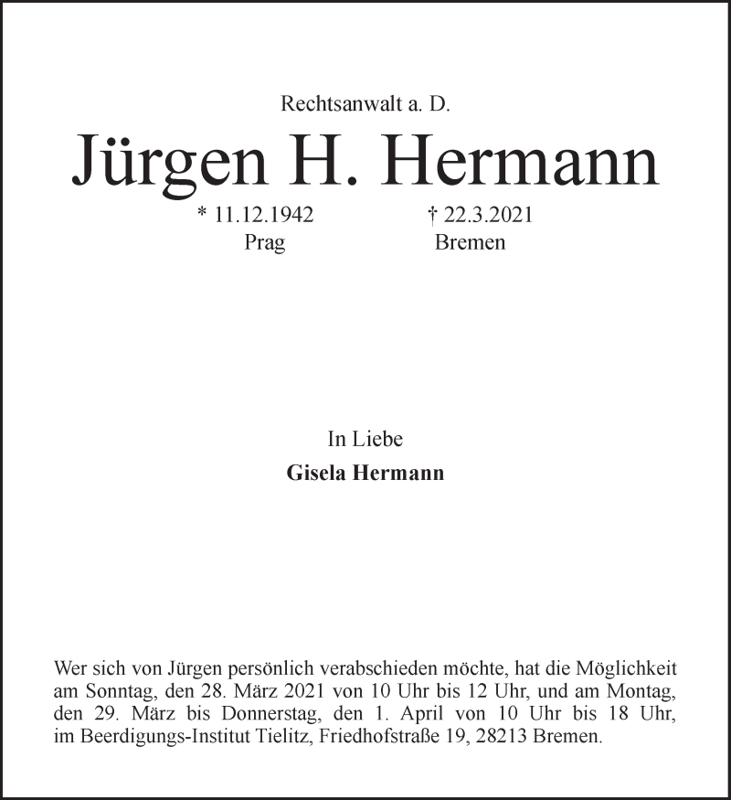 Traueranzeige von Jürgen  Hermann von WESER-KURIER