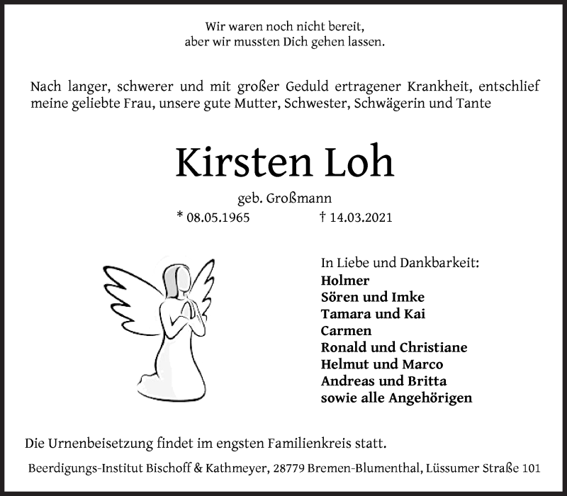 Traueranzeige von Kirsten Loh von Die Norddeutsche