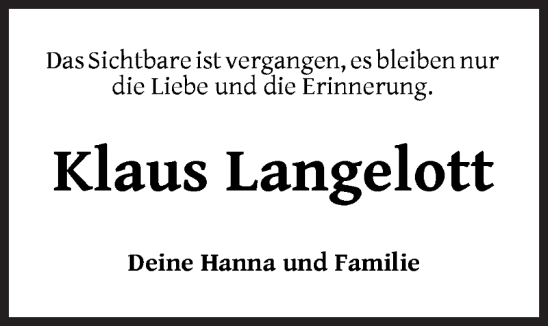 Traueranzeige von Klaus Langelott von WESER-KURIER