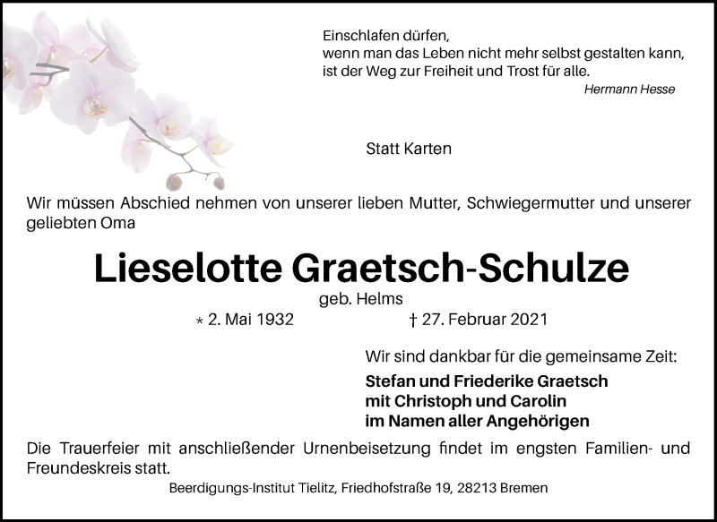 Traueranzeige von Lieselotte Graetsch-Schulze von WESER-KURIER
