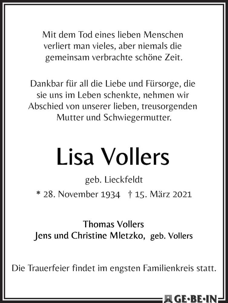Traueranzeige von Lisa Vollers von WESER-KURIER