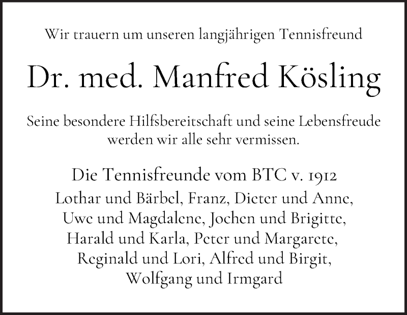 Traueranzeige von Manfred Kösling von WESER-KURIER