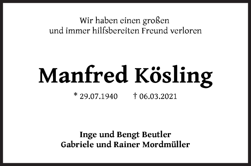 Traueranzeige von Manfred Kösling von WESER-KURIER
