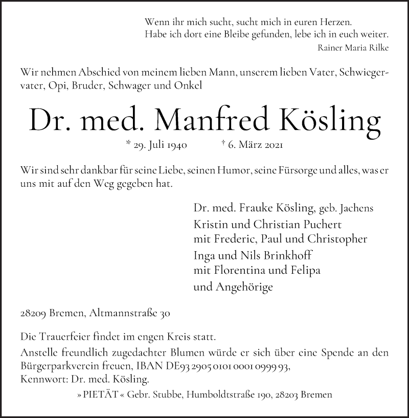 Traueranzeige von Manfred Kösling von WESER-KURIER