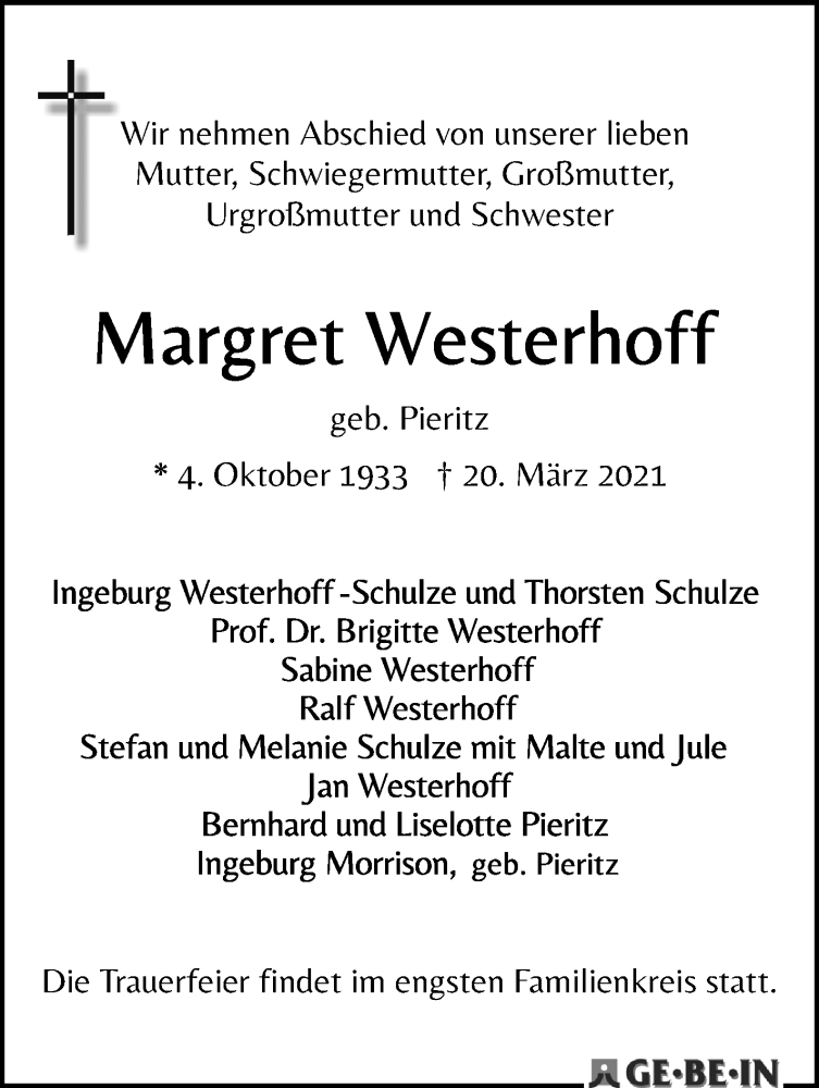 Traueranzeige von Margret Westerhoff von WESER-KURIER
