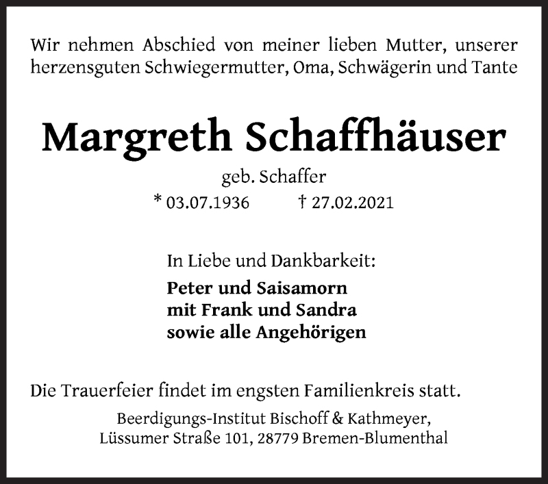 Traueranzeige von Margreth Schaffhäuser von Die Norddeutsche