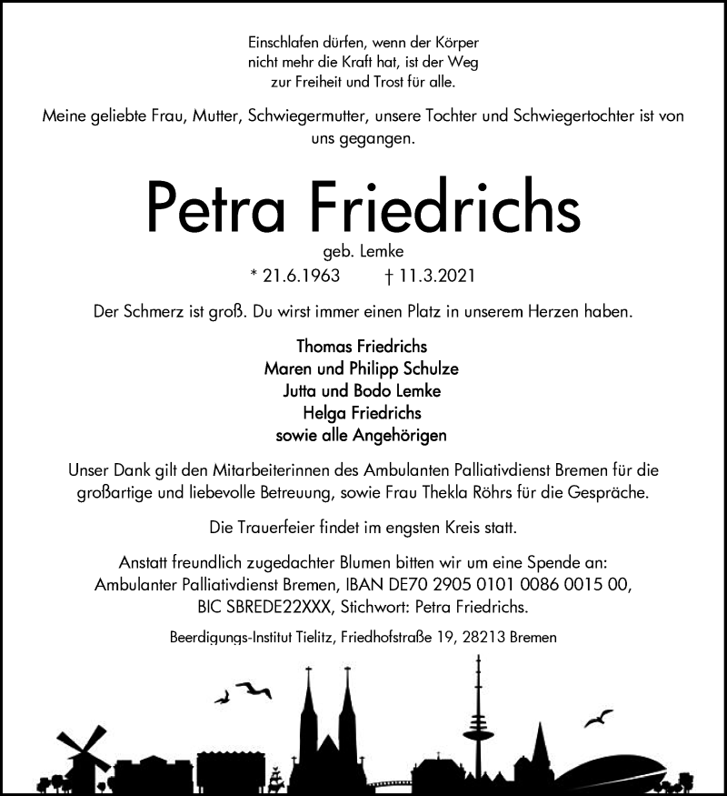 Traueranzeige von Petra Friedrichs von WESER-KURIER