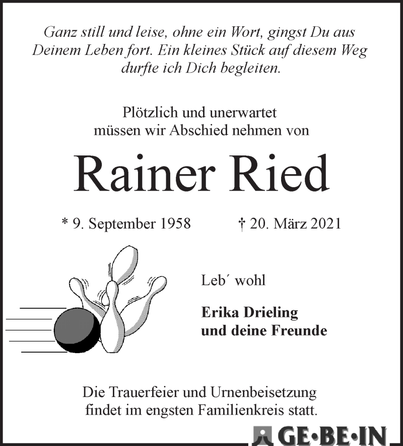 Traueranzeige von Rainer Ried von WESER-KURIER
