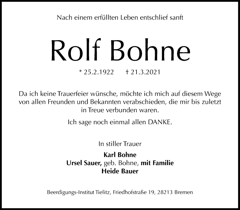 Traueranzeige von Rolf Bohne von WESER-KURIER