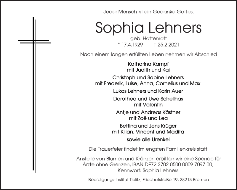 Traueranzeige von Sophia Lehners von WESER-KURIER
