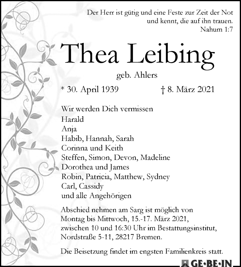 Traueranzeige von Thea Leibing von WESER-KURIER