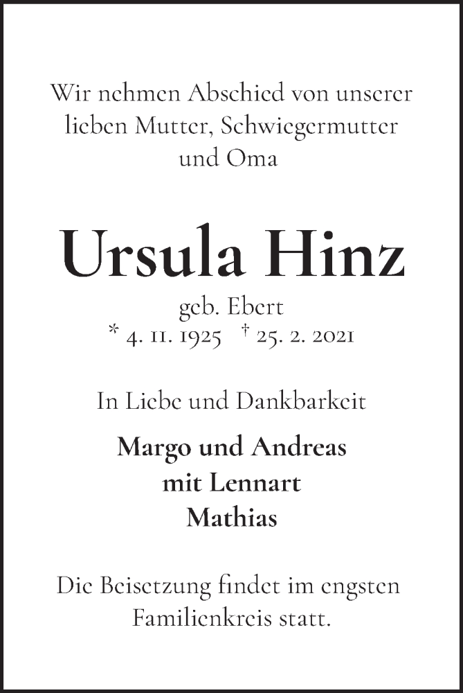 Traueranzeige von Ursula Hinz von WESER-KURIER