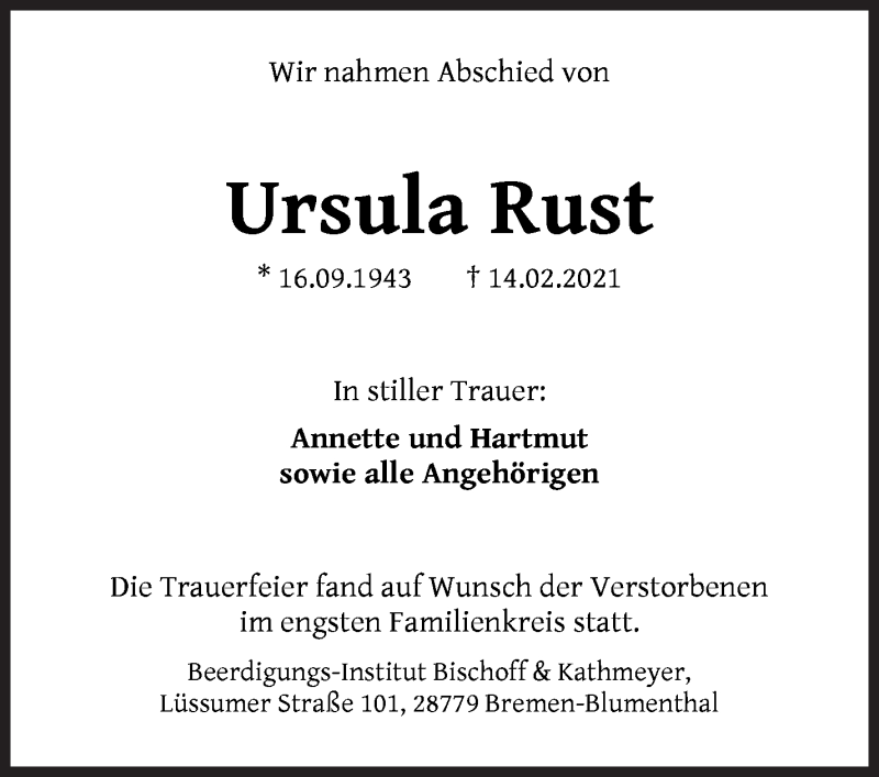 Traueranzeige von Ursula Rust von Die Norddeutsche