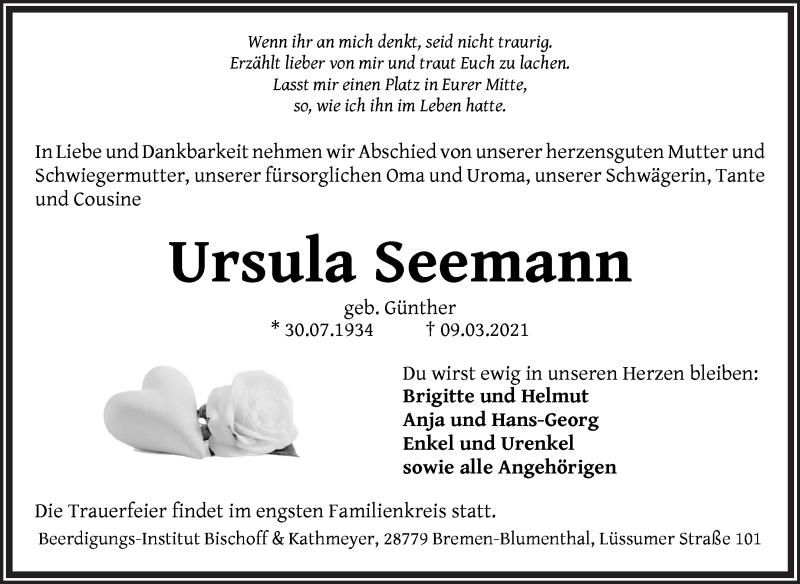 Traueranzeige von Ursula Seemann von Die Norddeutsche