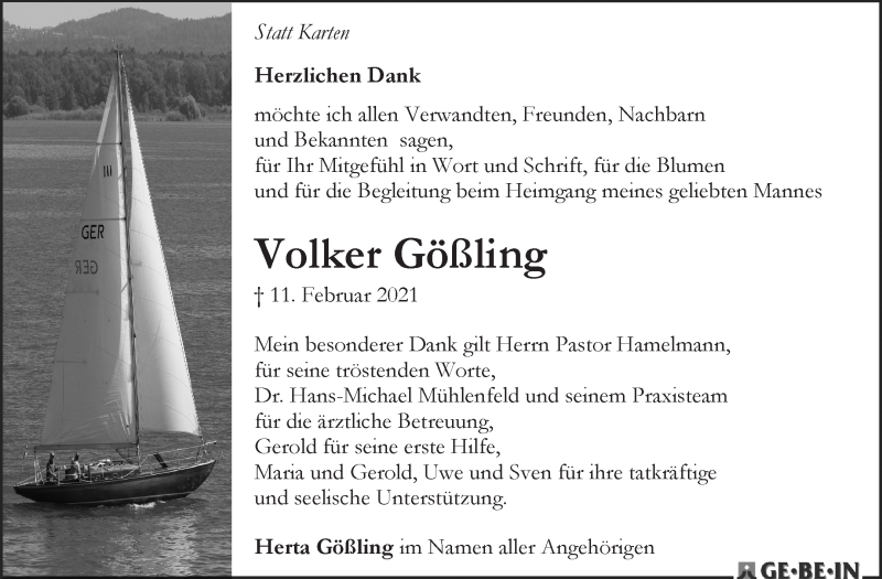 Traueranzeige von Volker Gößling von WESER-KURIER