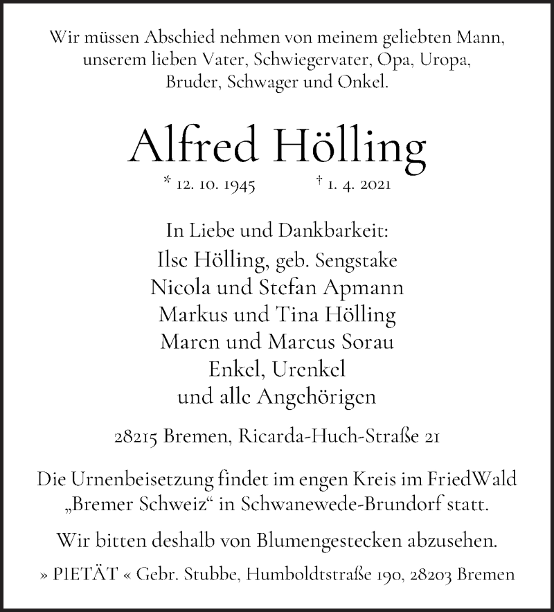 Traueranzeige von Alfred Hölling von WESER-KURIER