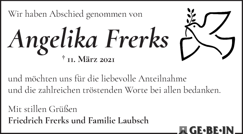 Traueranzeige von Angelika Frerks von WESER-KURIER