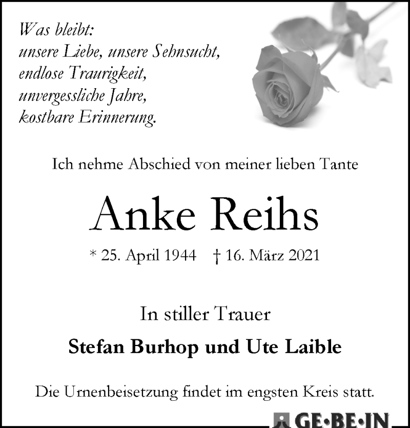 Traueranzeige von Anke Reihs von WESER-KURIER