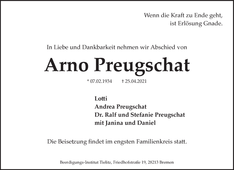 Traueranzeige von Arno Preugschat von WESER-KURIER