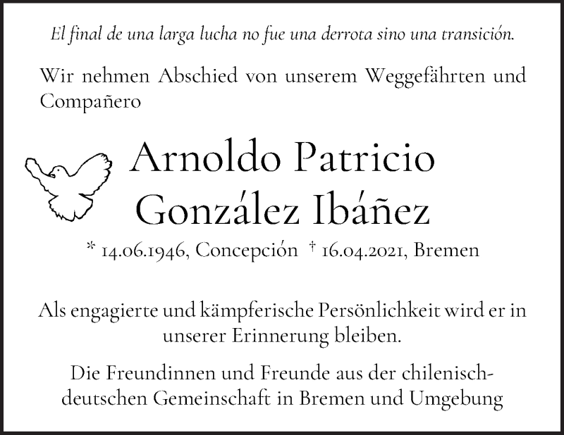 Traueranzeige von Arnoldo Patricio Gonzales Ibanez von WESER-KURIER