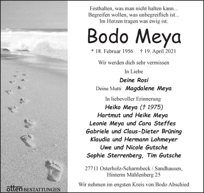Traueranzeige von Bodo Meya von Osterholzer Kreisblatt