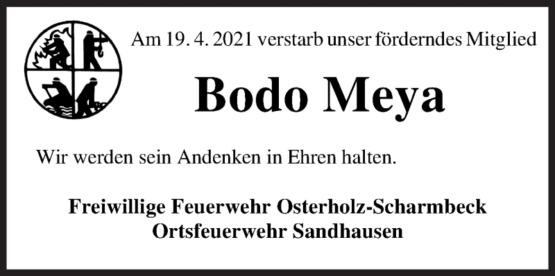 Traueranzeige von Bodo Meya von Osterholzer Kreisblatt