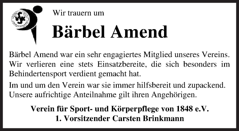 Traueranzeige von Bärbel Amend von Osterholzer Kreisblatt