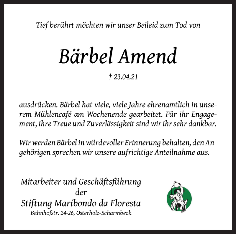 Traueranzeige von Bärbel Amend von Osterholzer Kreisblatt