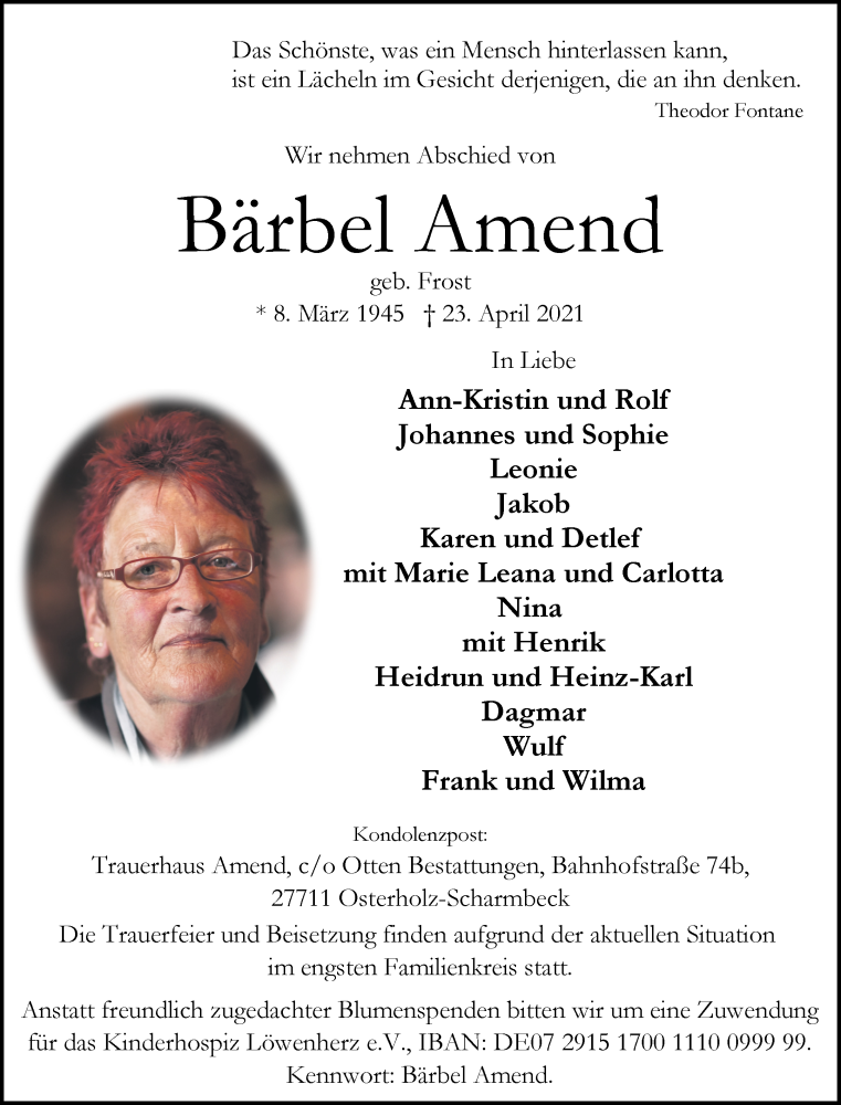 Traueranzeige von Bärbel Amend von Osterholzer Kreisblatt