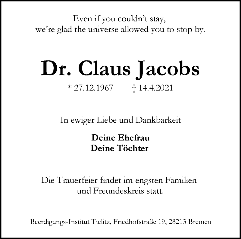 Traueranzeige von Claus Jacobs von WESER-KURIER