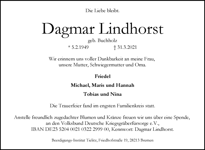 Traueranzeige von Dagmar Lindhorst von WESER-KURIER