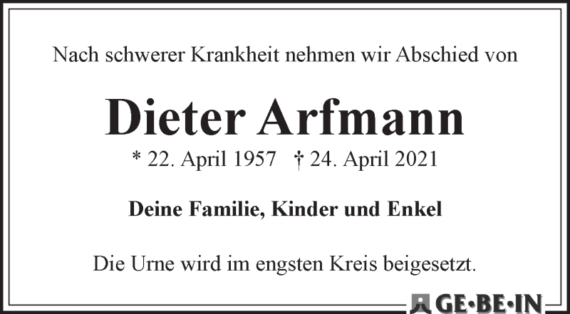 Traueranzeige von Dieter Arfmannn von WESER-KURIER