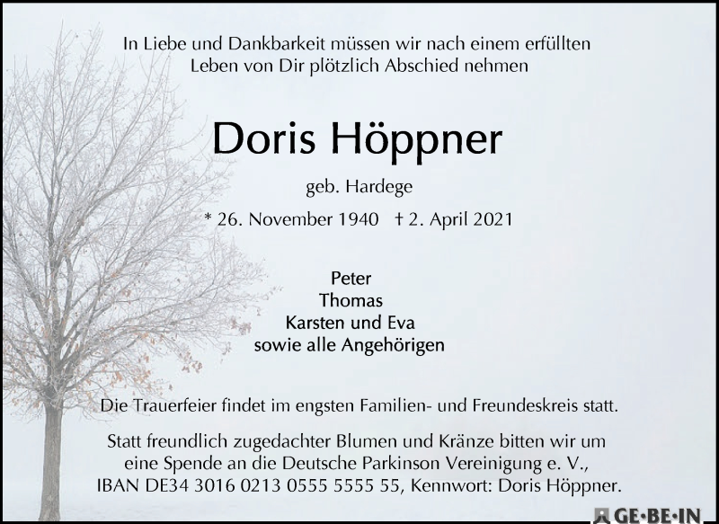 Traueranzeige von Doris Höppner von WESER-KURIER
