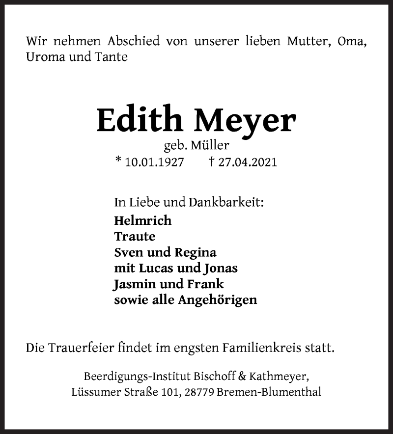 Traueranzeige von Edith Meyer von Die Norddeutsche