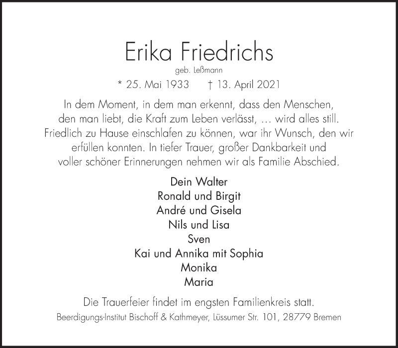 Traueranzeige von Erika Friedrichs von Die Norddeutsche