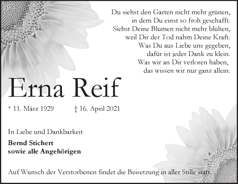 Traueranzeige von Erna Reif von WESER-KURIER