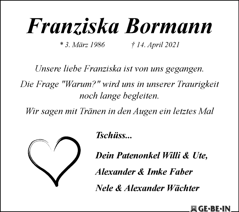 Traueranzeige von Franziska Bormann von Achimer Kurier/Verdener Nachrichten