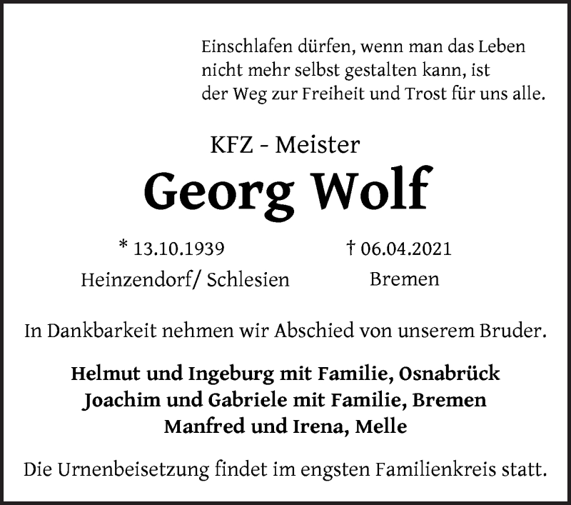 Traueranzeige von Georg Wolf von WESER-KURIER