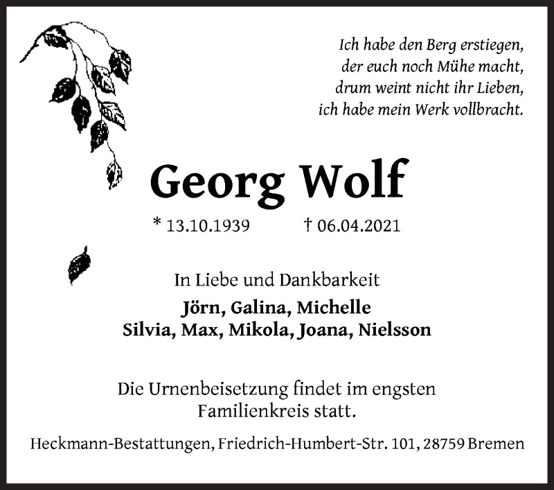 Traueranzeige von Georg Wolf von WESER-KURIER