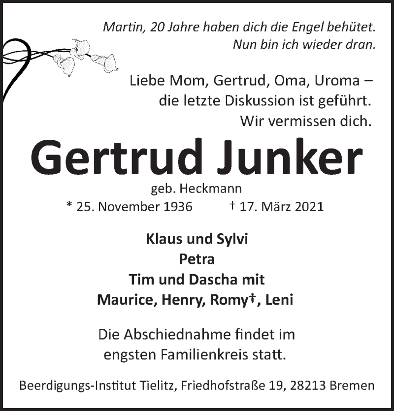 Traueranzeige von Gertrud Junker von WESER-KURIER